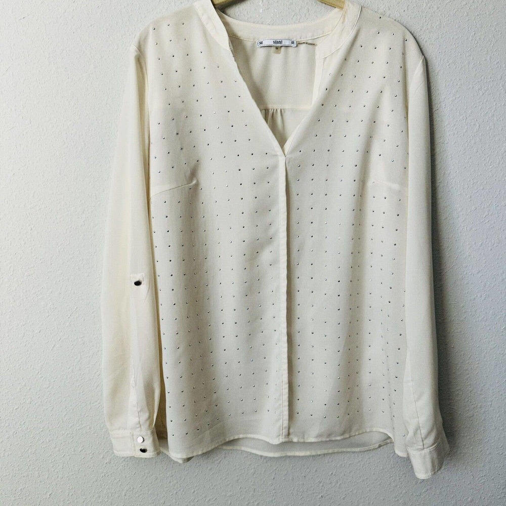 Sioni Cream Silver Studded Long Sleeve Sheer Blouse